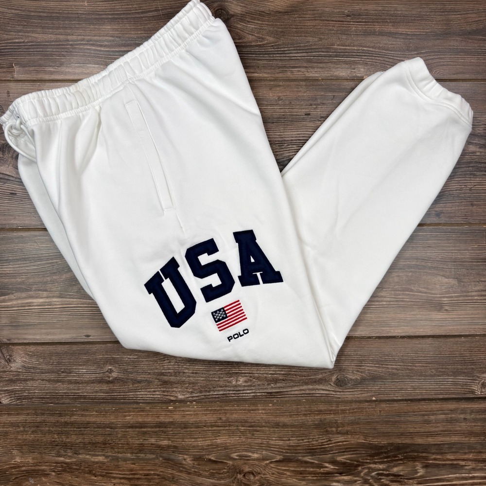 Polo Ralph Lauren Mens Size Medium Joggers White USA Flag Fleece Sweatpants